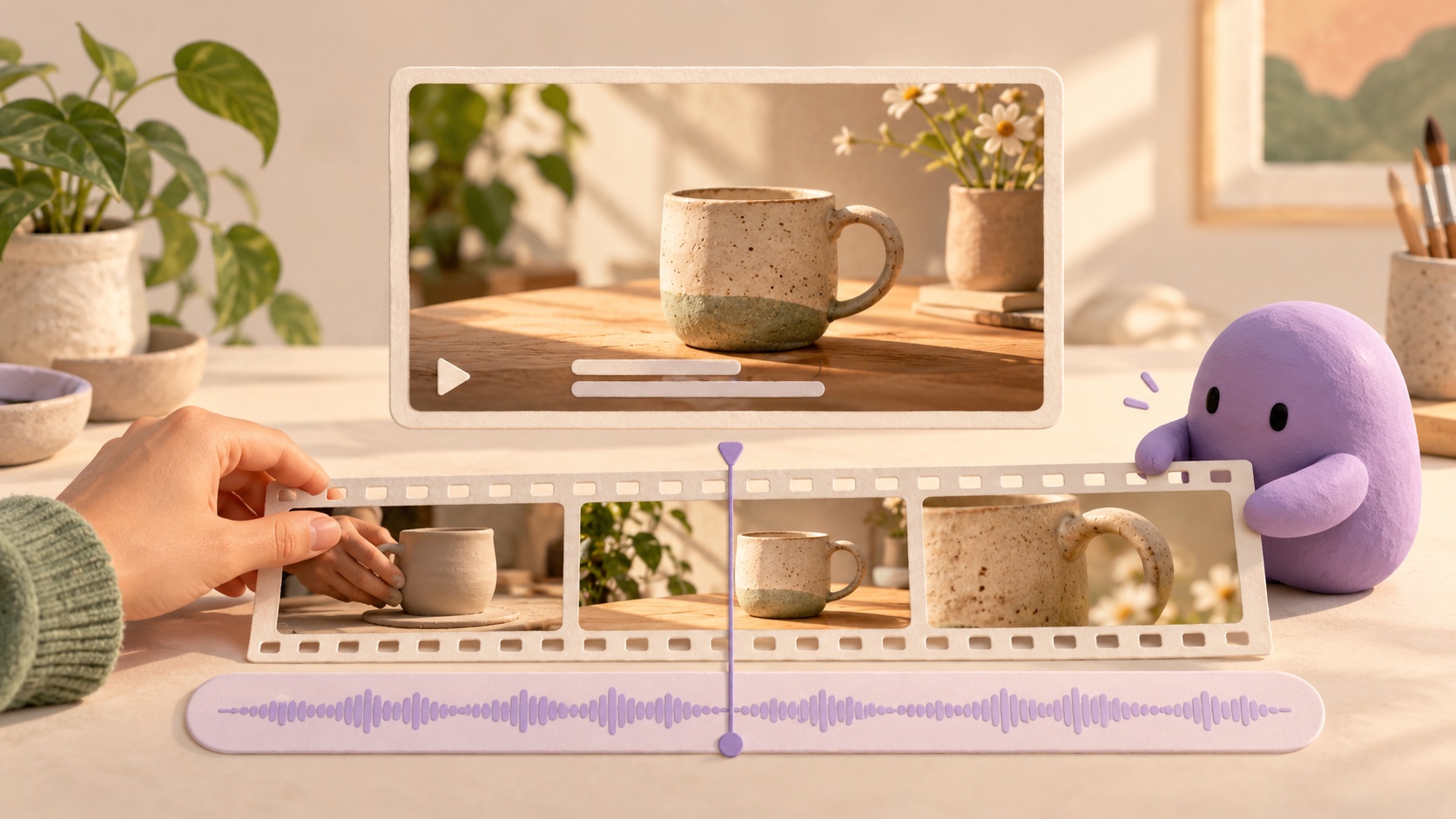 A human hand and a small violet AI companion editing the same video preview and sequence of clips