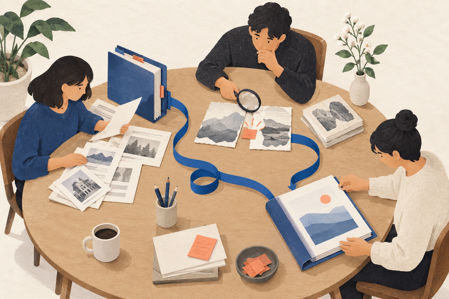 한 책상에서 자료 수집, 서로 다른 자료 검토, 보고서 작성을 나눠 맡은 가상의 세 동료를 파란 리본으로 연결한 삽화