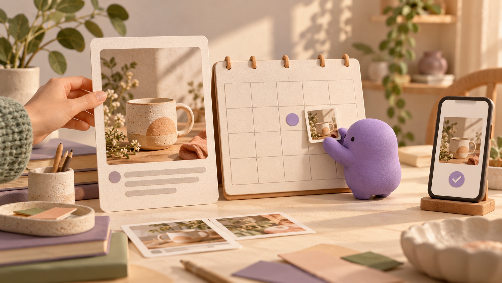 A person and an AI companion refining a social post and placing its photo on a publishing calendar
