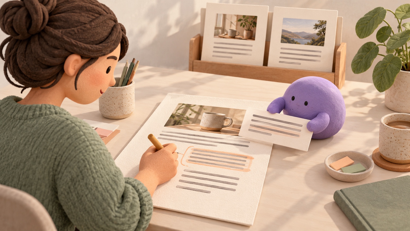 A person reviewing a manuscript with a pencil while an AI companion refines a paragraph in the same draft